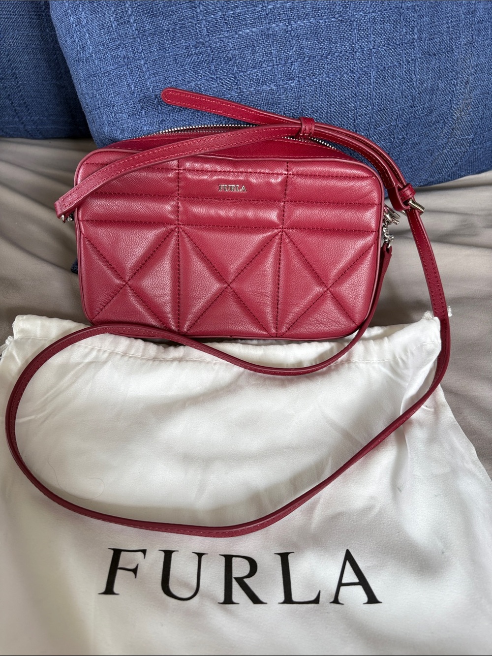 Furla Red Mini Quilted
Leather Adjustable Crossbody Camera Bag With Dustbag